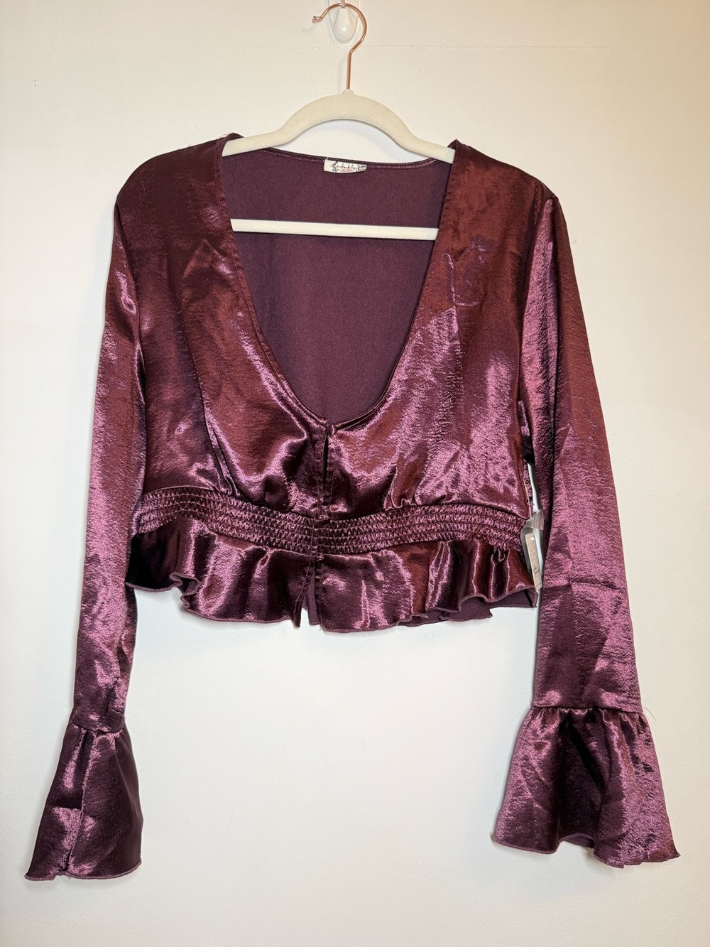 FLAWED * Free People | Satin V-Neck Smocked Crop Top in Plum